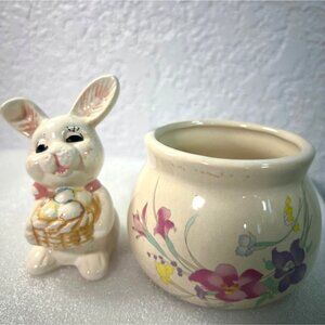 Ceramic Athropomorphic Pastel Bunny Rabbit  Floral Jar Cachepot Boho Cottagecore
